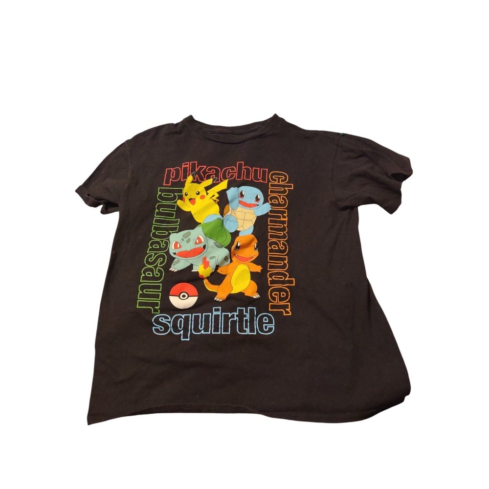 Pokemon T-Shirt Youth Boys Size L Black‎ Pikachu Charmander Squirtle Bullbasaur